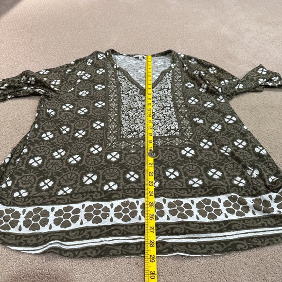 Lucky Brand Top 3/4 Sleeve Boho Peasant V-neck Olive Green White Block Print 2X - Picture 7 of 12